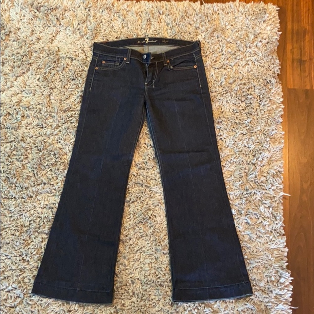 Dojo 7 jeans. Dark wash. Light wear on cuffs.